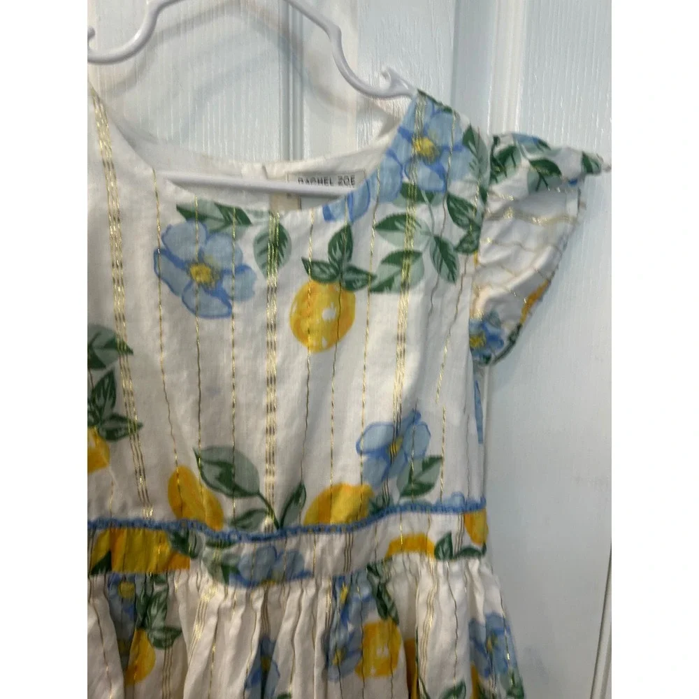 Rachel Zoe Dress White Lemon Floral Gold Metallic‎ Stripe Flutter Sleeve Bin A